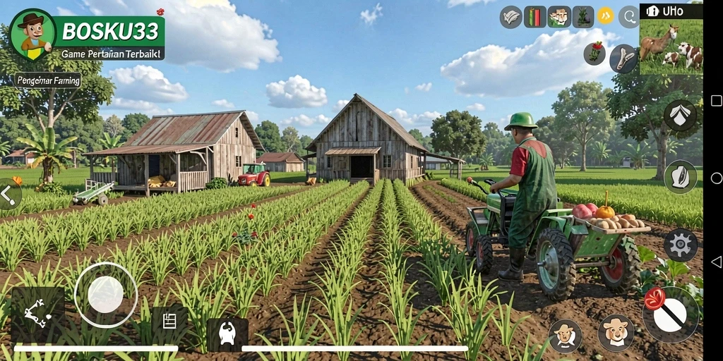 Tampilan gameplay BOSKU33 dengan ladang subur dan aktivitas pertanian.
