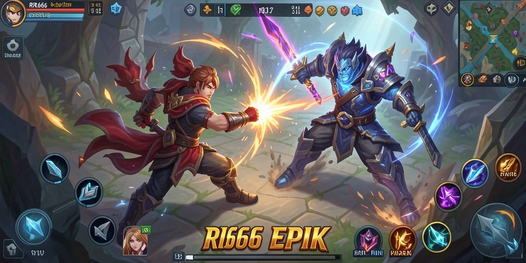 Screenshot gameplay RR666 menampilkan pertempuran seru di arena MOBA.