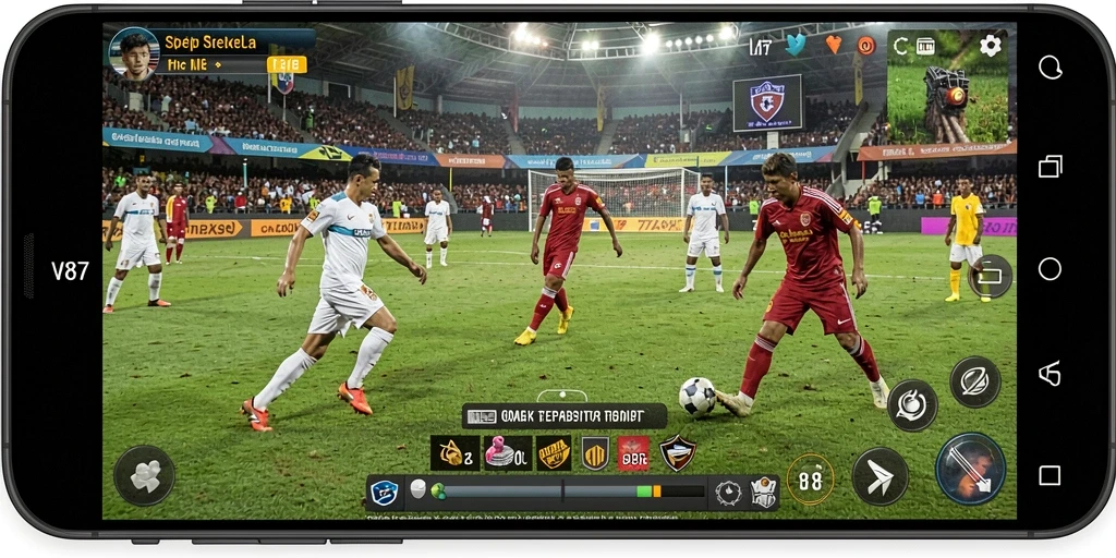 Tampilan gameplay V87 yang menarik dan realistis dalam sepak bola.